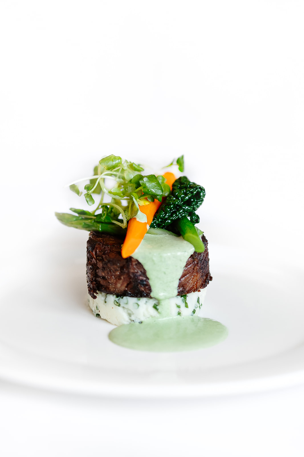 A plated gourmet dish featuring a round cut of beef on a bed of mashed potatoes, topped with green sauce, baby carrots, leafy greens, and microgreens.
