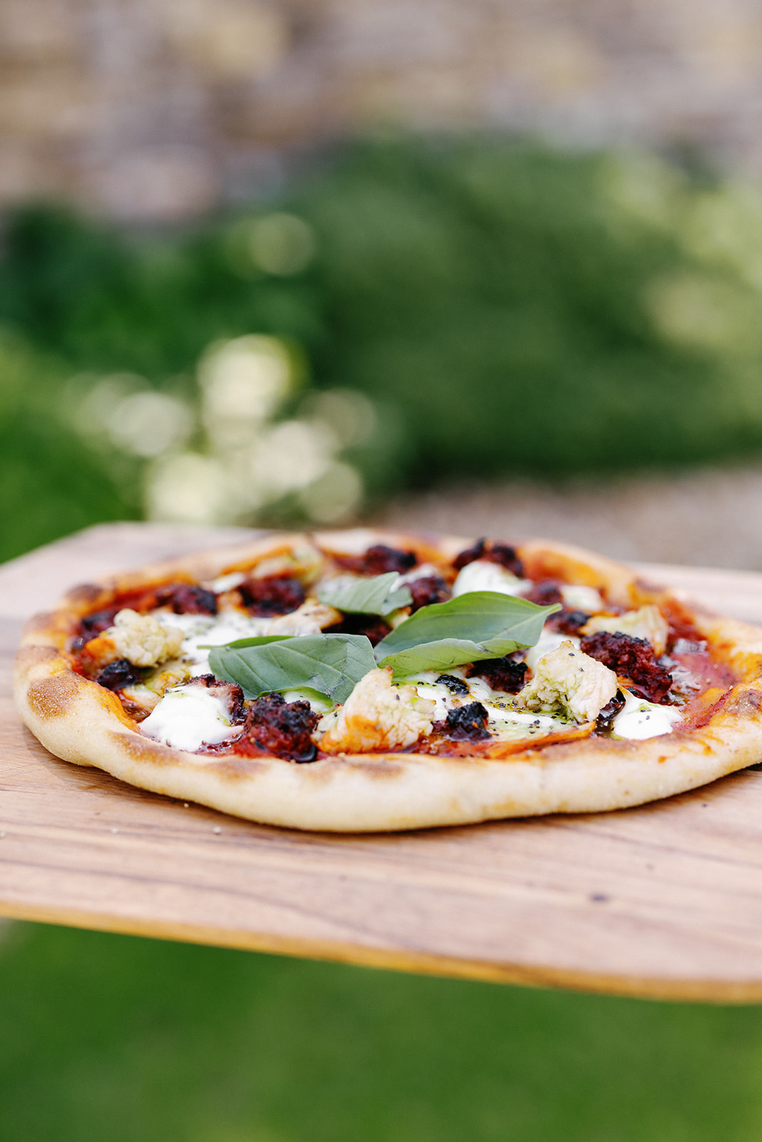 A freshly baked pizza topped with dollops of cheese, tomato sauce, herbs, and basil leaves on a wooden board, with a blurred garden background.